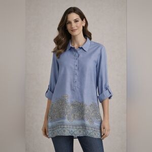 Talbots Classic Blue Shirt Half Button Size M Paisley Print Long/Folded Sleeve